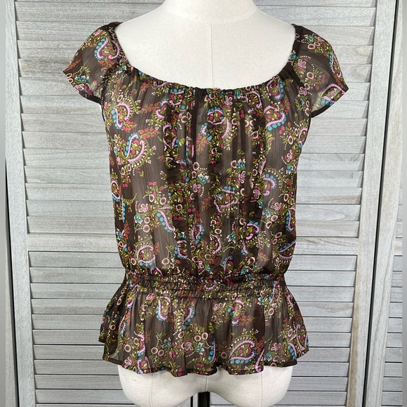MOSSIMO SUPPLY CO Peplum Blouse Short Sleeve Sheer Brown Floral-Small - Picture 1 of 3